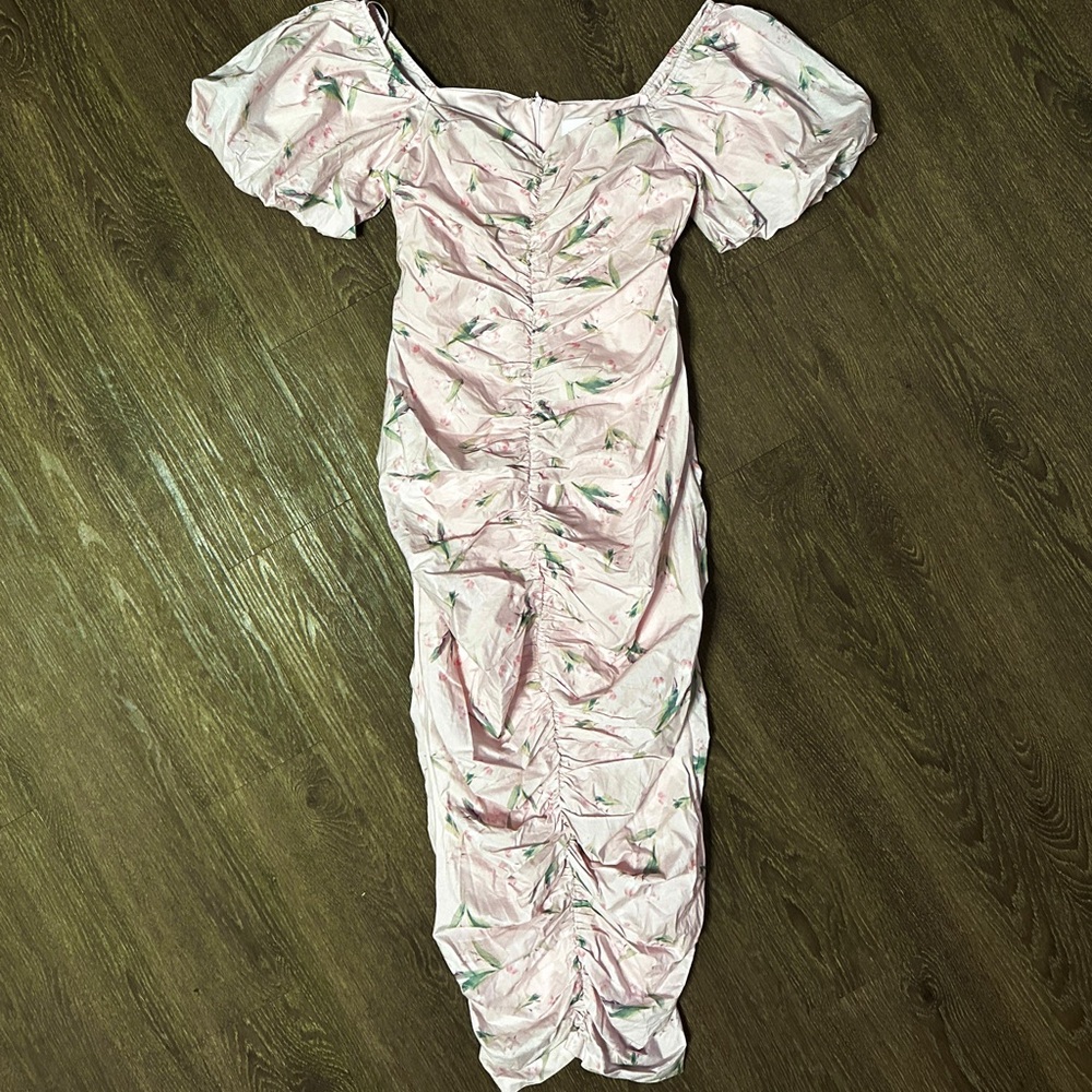 Mable Blush Pink flirty feminine floral rusched dress size Large L new - Picture 10 of 14